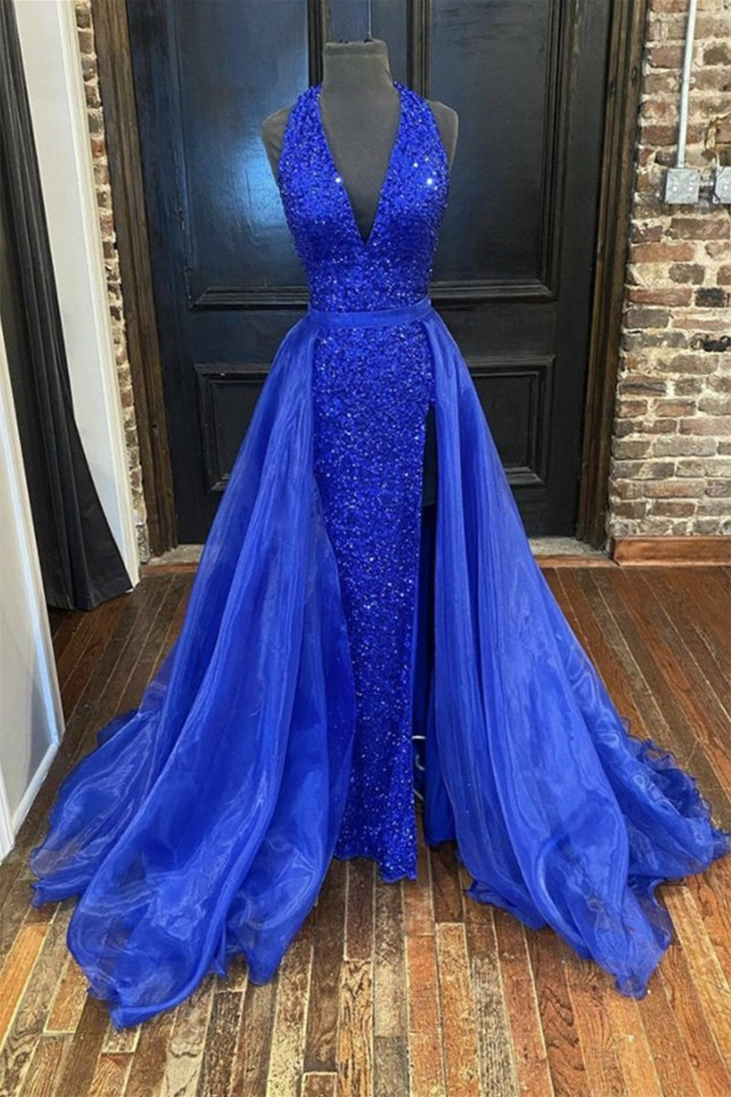 gorgeous detachable train mermaid royal blue sequins prom formal dress