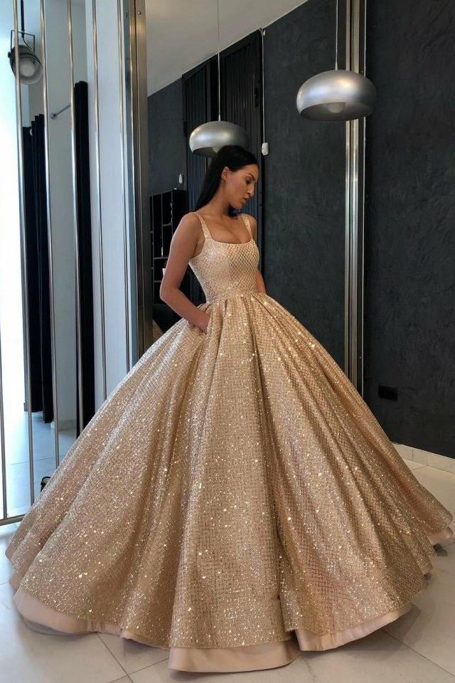 prom ball gown quinceanera gown sequins gold sweet 16 dress with pockets