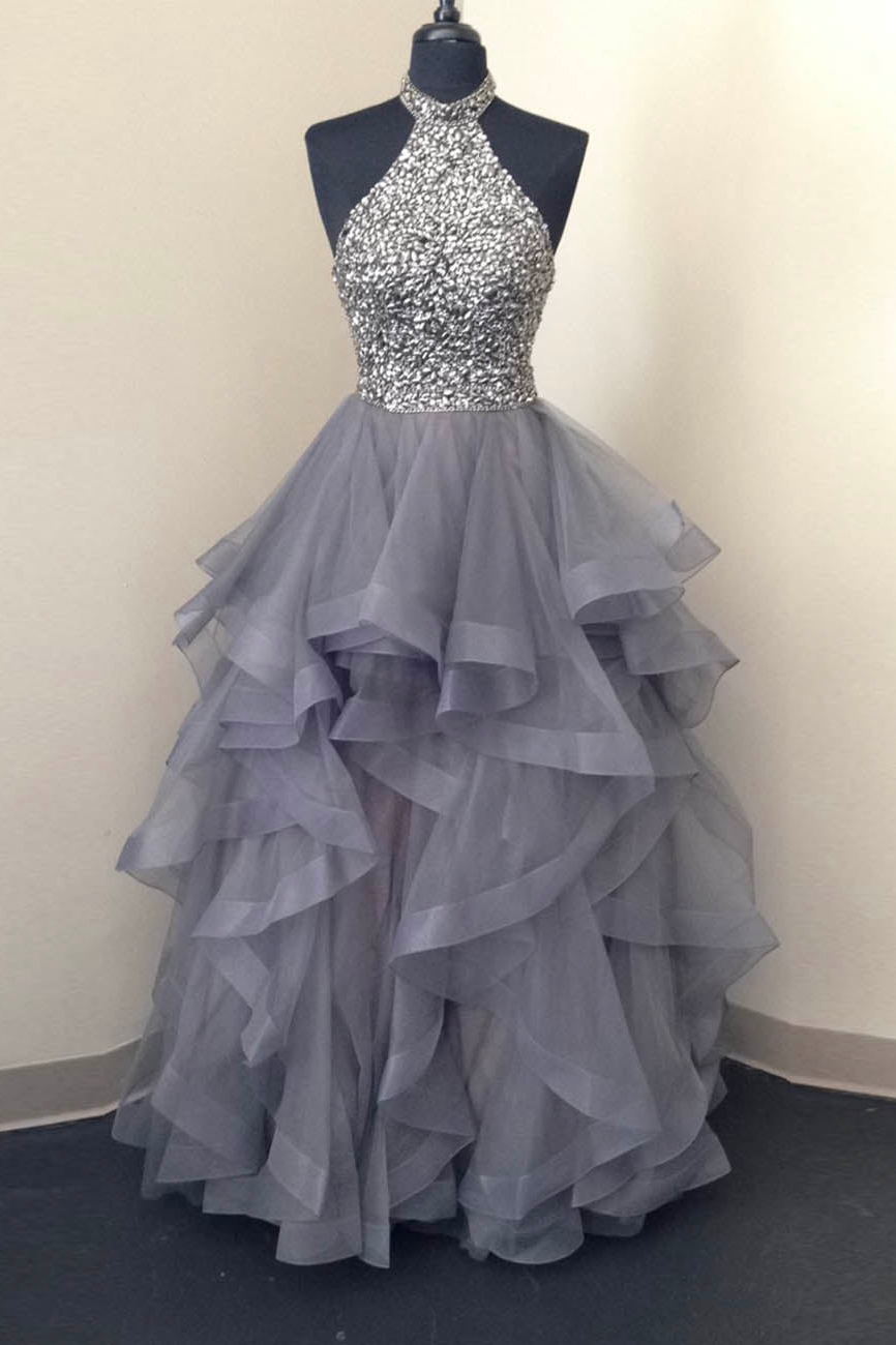 gray tulle beads long prom dress stylish graduation evening gown