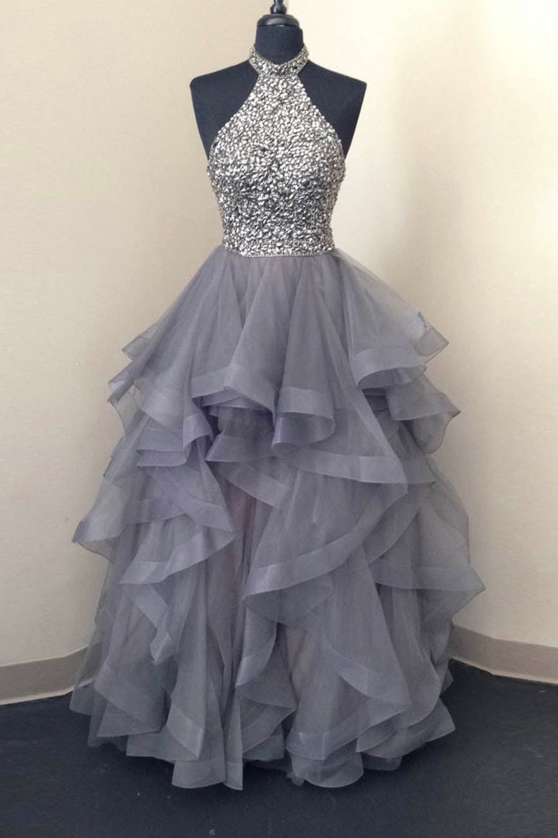 gray tulle beads long prom dress stylish graduation evening gown
