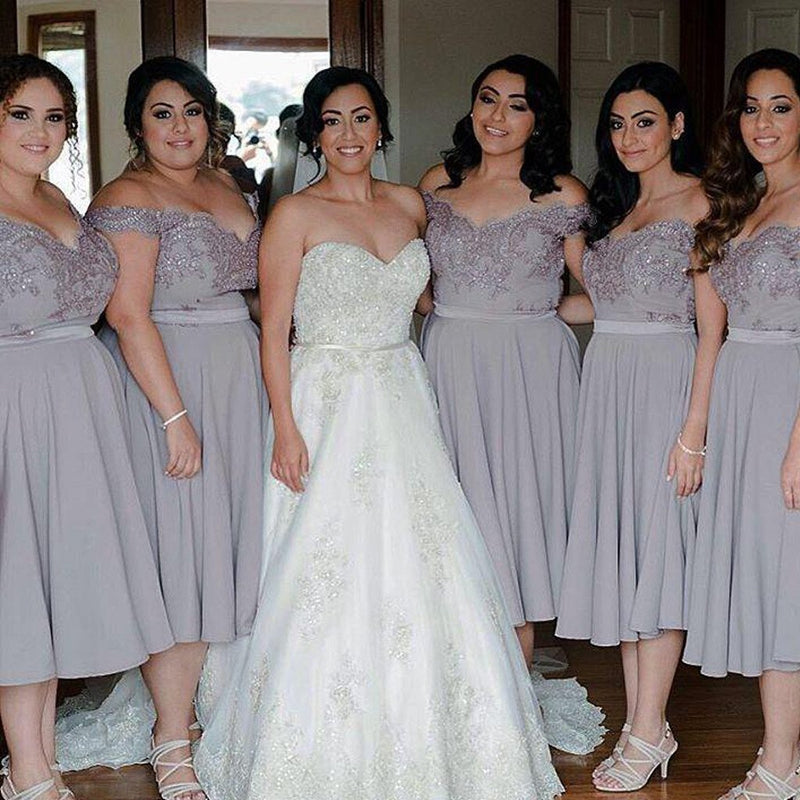 off the shoulder tea length chiffon bridesmaid dresses