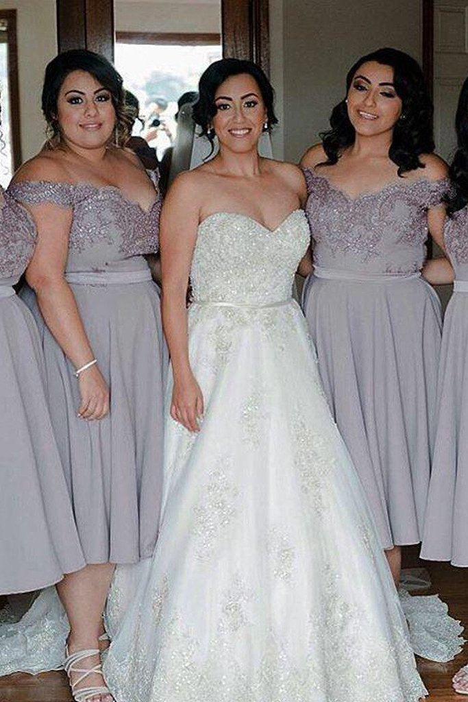 off the shoulder tea length chiffon bridesmaid dresses