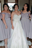 off the shoulder tea length chiffon bridesmaid dresses