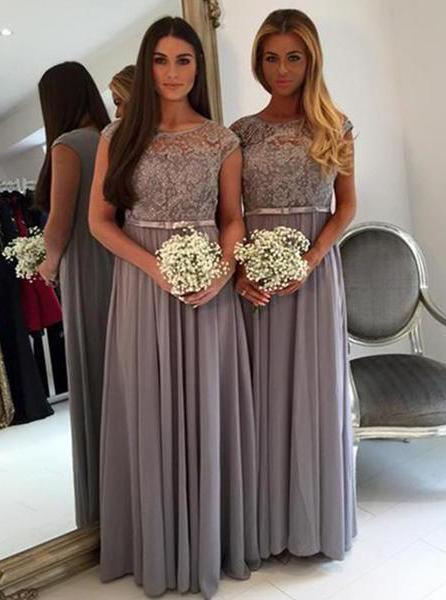 gray lace cap sleeves chiffon a line long bridesmaid dresses