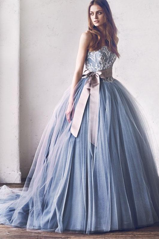 gray lace tulle princess ball gown wedding dress with bowknot