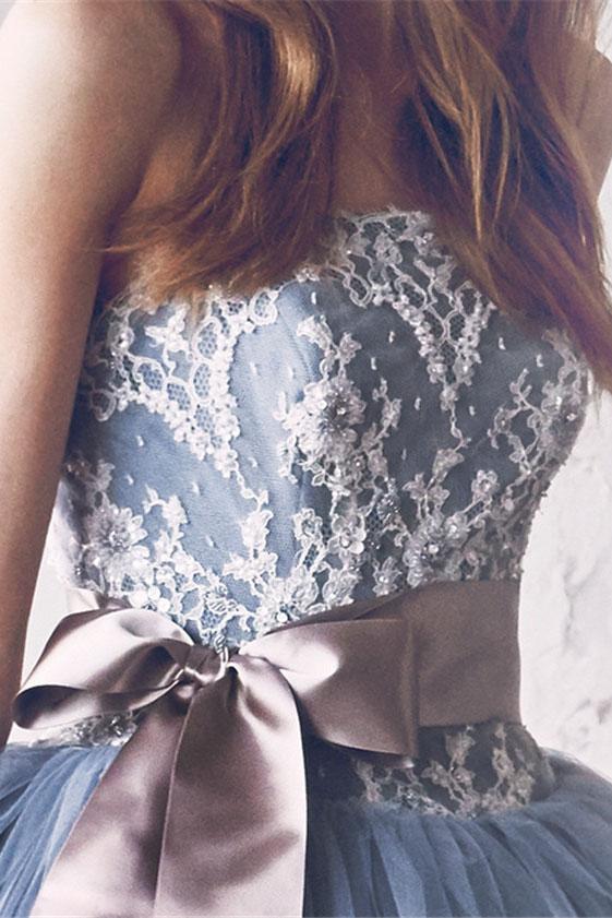 gray lace tulle princess ball gown wedding dress with bowknot