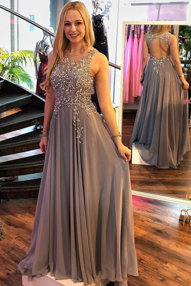 gray round neck long chiffon prom dress a line open back with beading