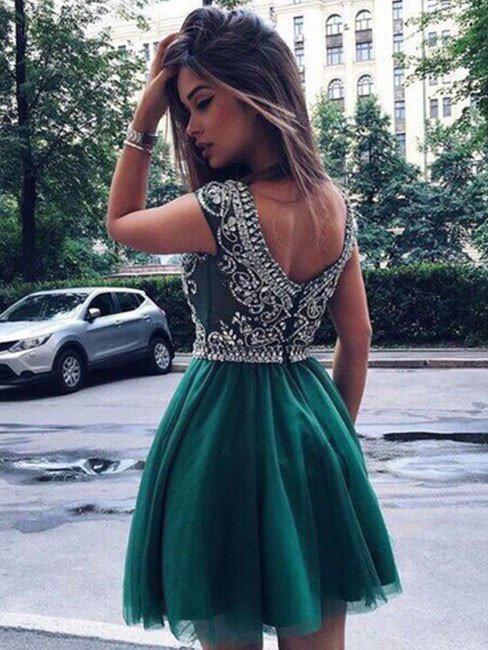 chic v back tulle beading homecoming dresses with rhinestones