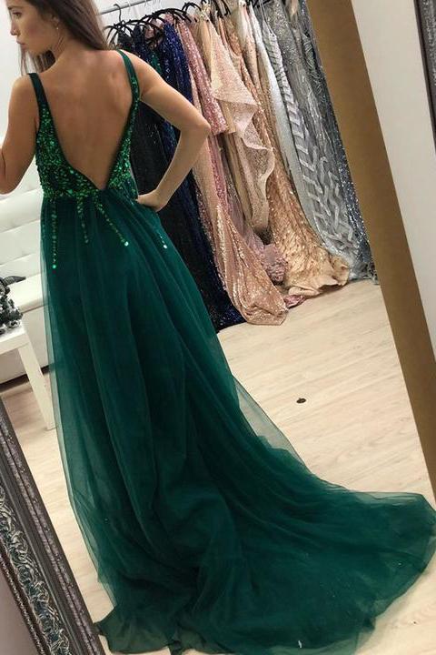 green sequins long prom dress backless a line v neck tulle with split