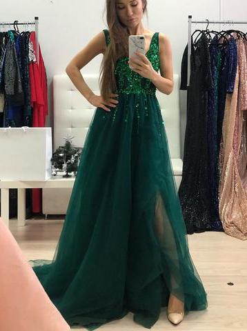 green sequins long prom dress backless a line v neck tulle with split
