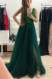 green sequins long prom dress backless a line v neck tulle with split