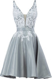 sleeveless v neck a line lace appliques short homecoming dresses satin short graduation gown