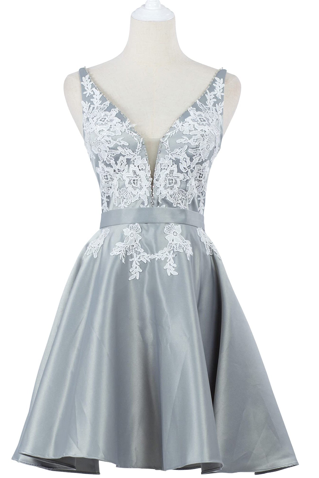 sleeveless v neck a line lace appliques short homecoming dresses satin short graduation gown