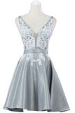 sleeveless v neck a line lace appliques short homecoming dresses satin short graduation gown