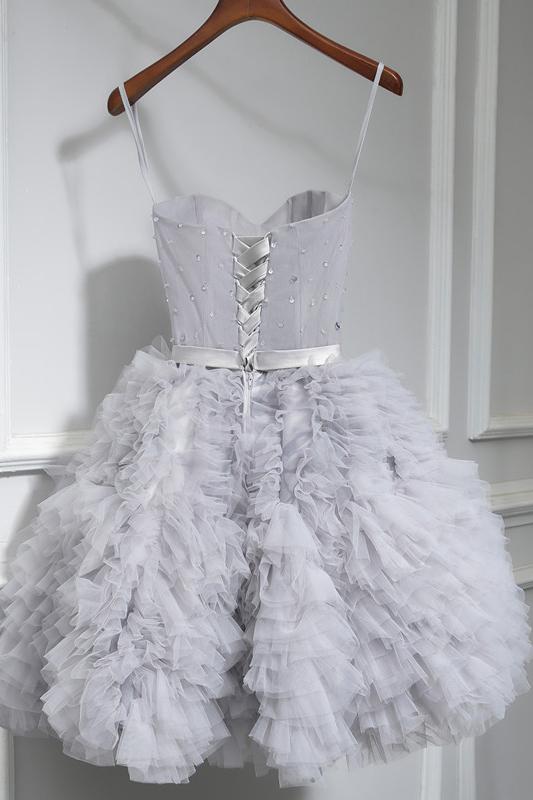 grey cute sweet 16 gown spaghetti straps beaded short mini party dress