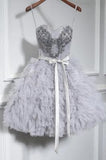 grey cute sweet 16 gown spaghetti straps beaded short mini party dress