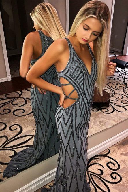grey mermaid sequins long prom dress cut out evening dress