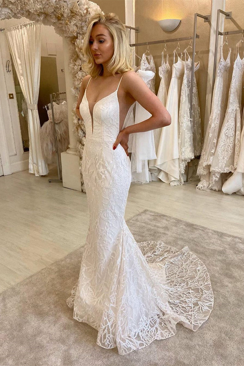 detachable tulle train v neck long mermaid wedding dresses lace sequin bridal gown