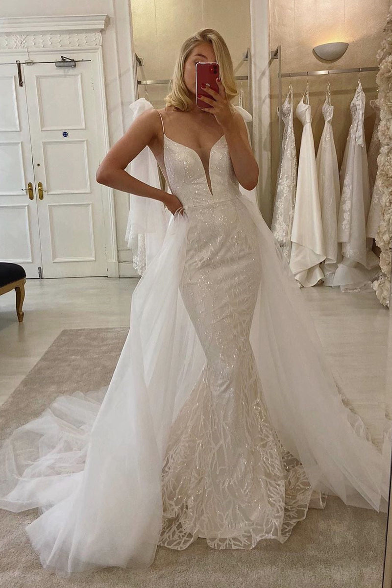 detachable tulle train v neck long mermaid wedding dresses lace sequin bridal gown