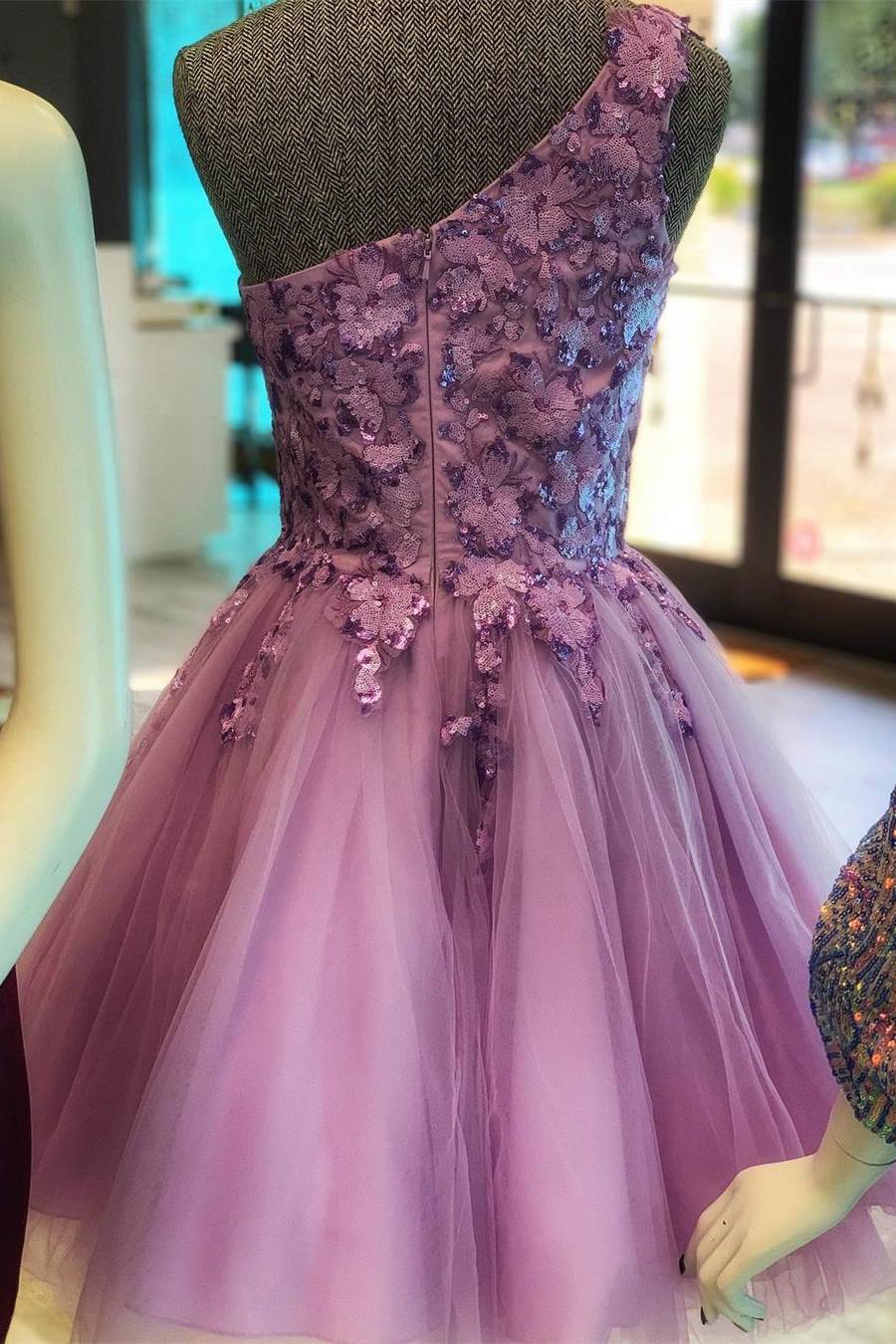 one shoulder light sky blue a line sequin applique short homecoming dresses