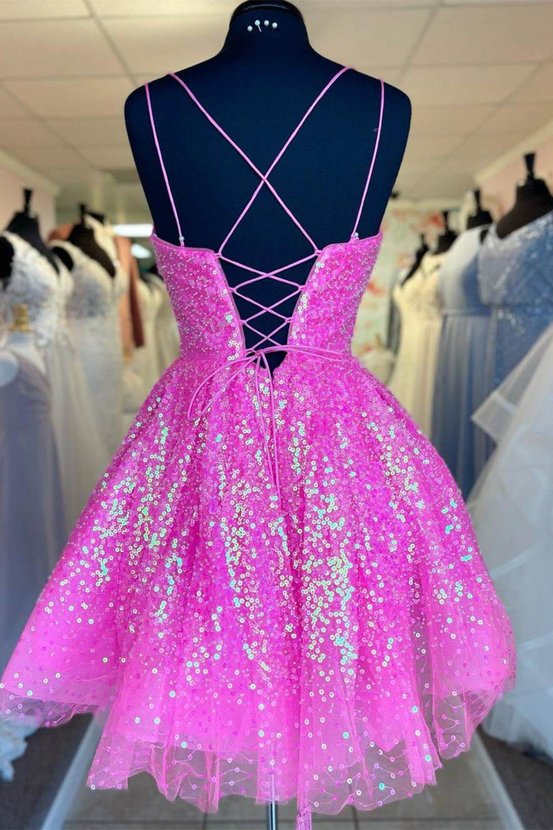 sparkle homecoming dress a line hot pink sequins short prom dress