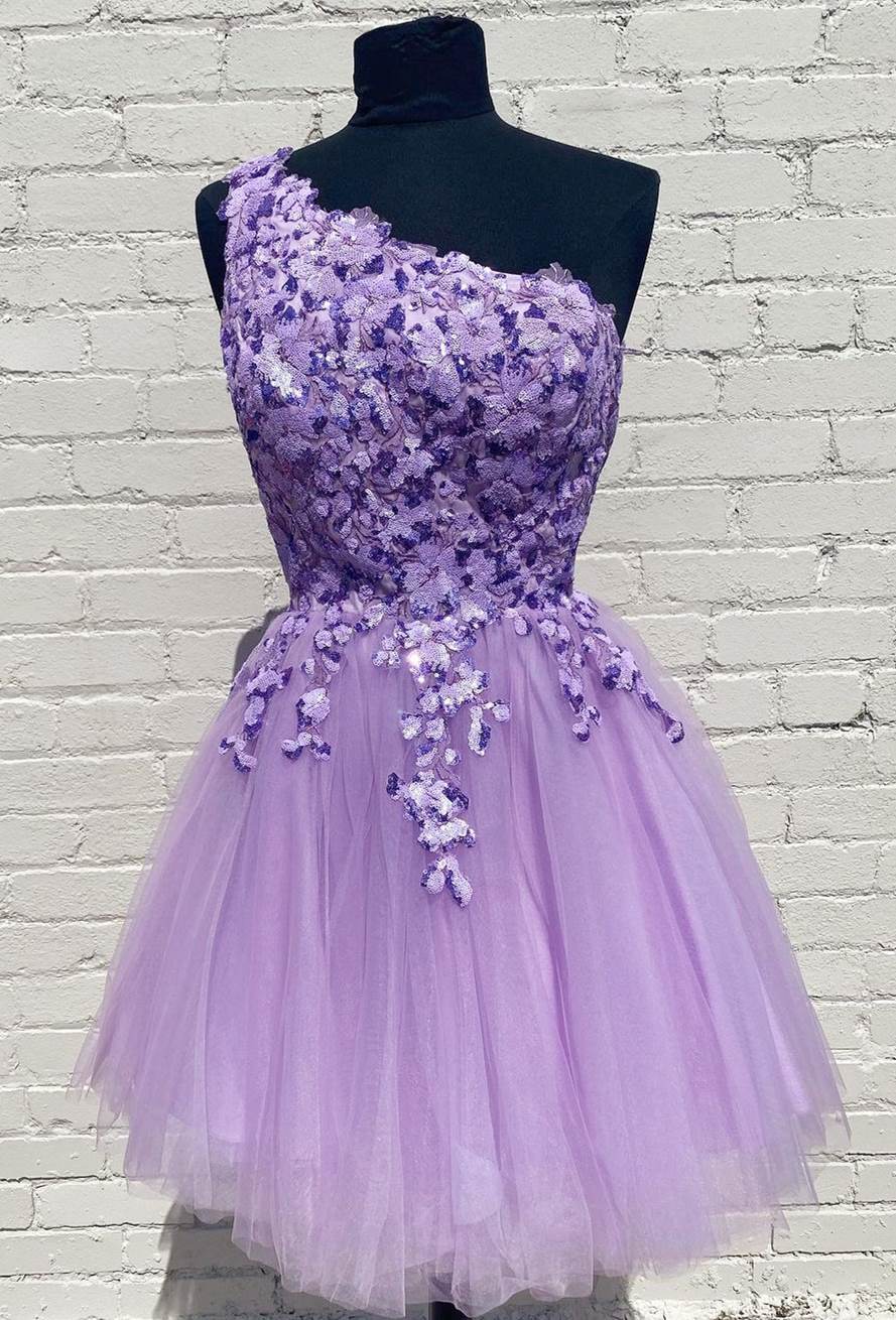 one shoulder light sky blue a line sequin applique short homecoming dresses