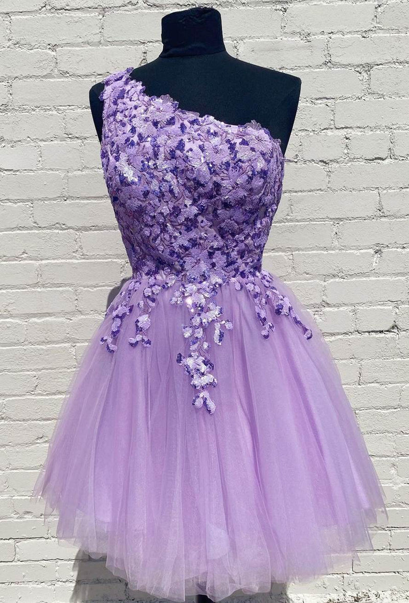 one shoulder light sky blue a line sequin applique short homecoming dresses