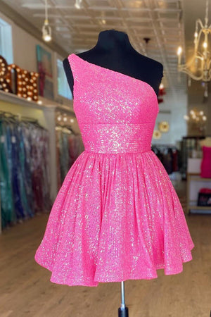 hot pink one shoulder a line short homecoming dresses sequins party dress