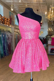 Hot Pink One Shoulder A Line Short Homecoming Dresses Sequins Party Dress GM609
