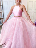 two pieces pink long prom dresses sparkly halter neck formal gown