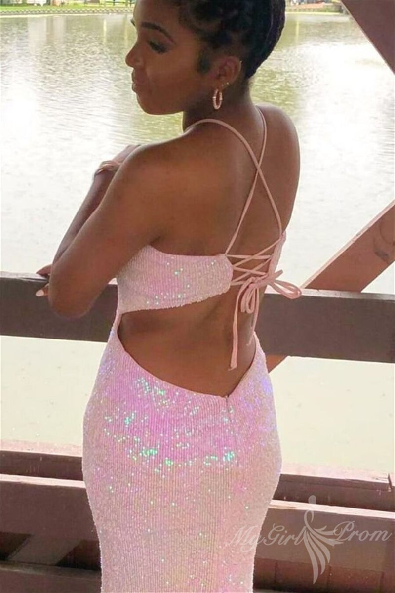halter pink sequins mermaid long prom dresses sparkly lace up formal dress