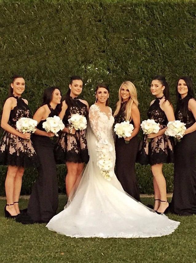 halter a line black lace appliques open back short mini bridesmaid dresses