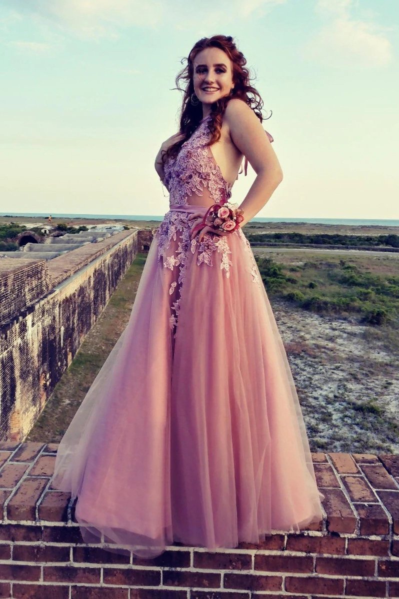 halter skin pink lace appliques tulle long formal prom dress