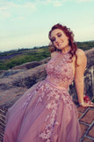halter skin pink lace appliques tulle long formal prom dress
