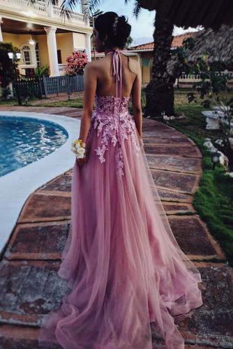 halter skin pink lace appliques tulle long formal prom dress