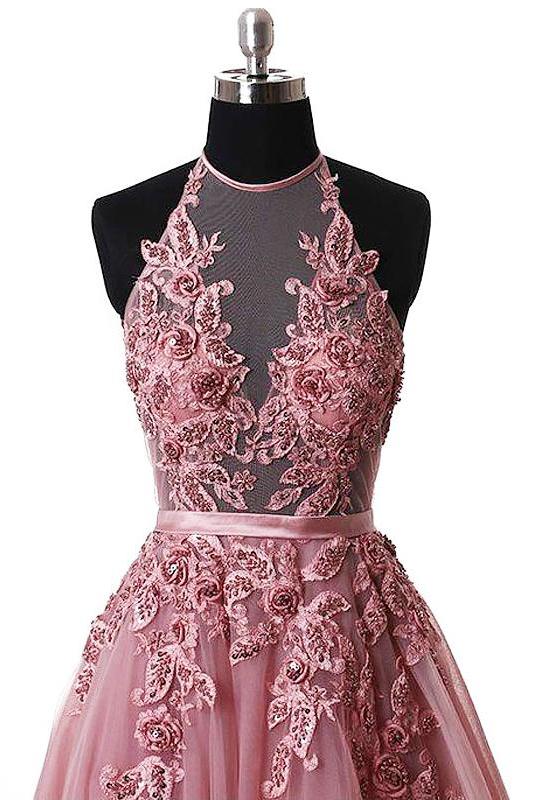 halter skin pink lace appliques tulle long formal prom dress