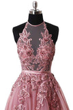 halter skin pink lace appliques tulle long formal prom dress