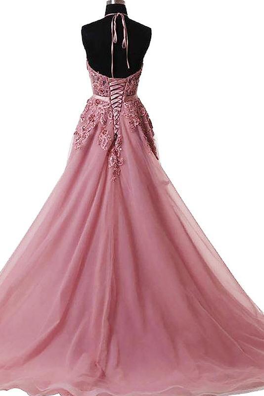 halter skin pink lace appliques tulle long formal prom dress