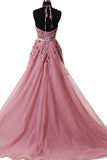 halter skin pink lace appliques tulle long formal prom dress