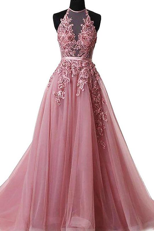 halter skin pink lace appliques tulle long formal prom dress
