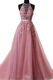 halter skin pink lace appliques tulle long formal prom dress