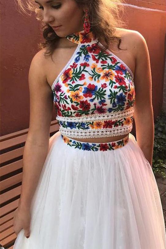 halter two piece sweet 16 dress embroidery appliques long prom dress