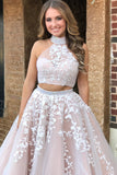 halter two piece tulle red long prom dress with beaded appliques