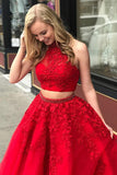 halter two piece tulle red long prom dress with beaded appliques