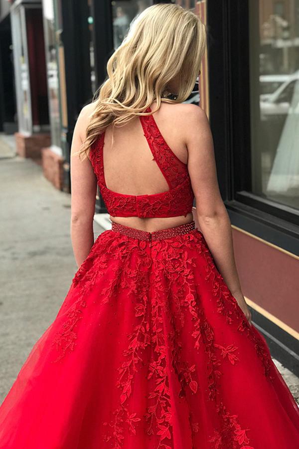 halter two piece tulle red long prom dress with beaded appliques
