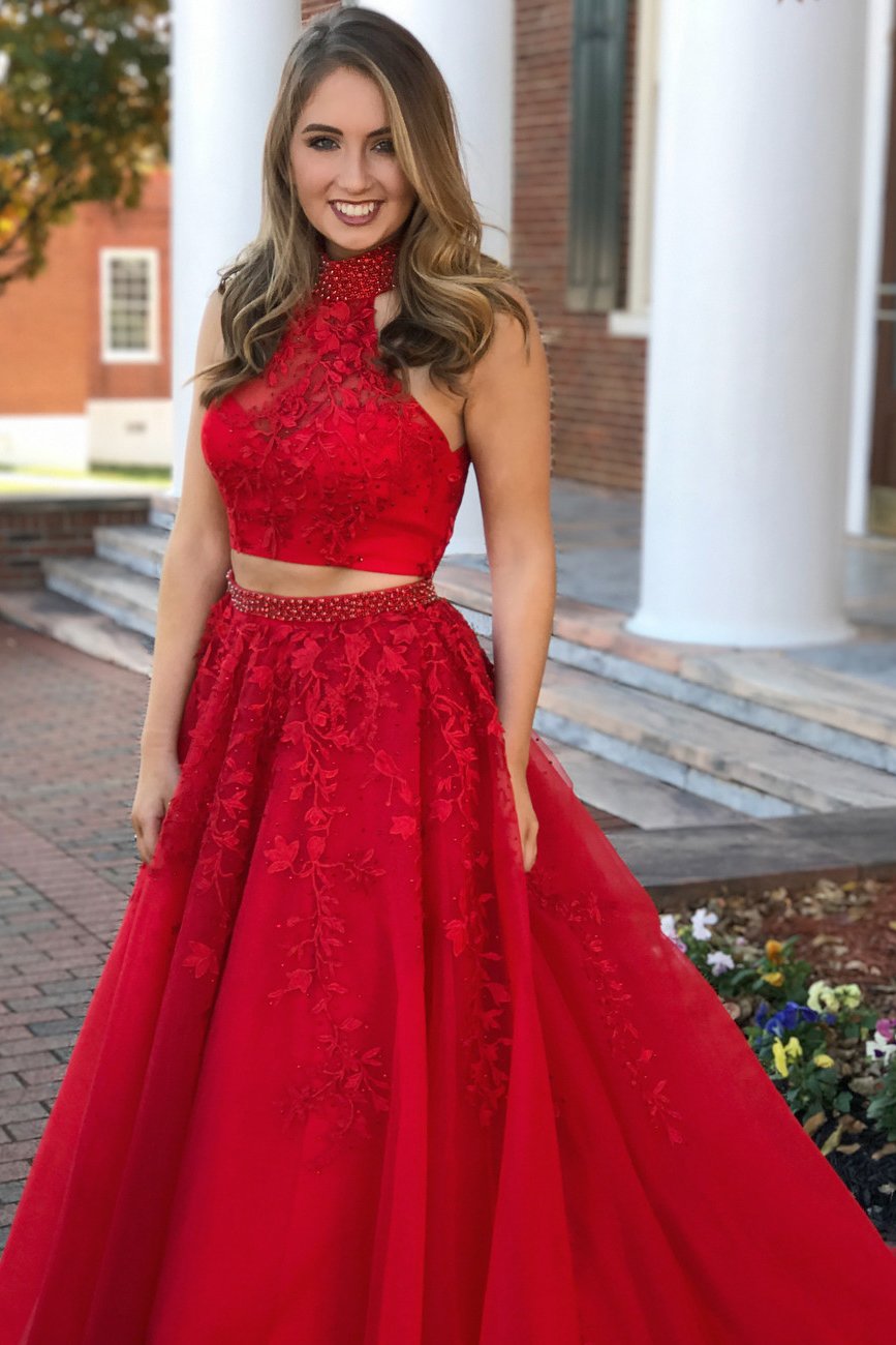 halter two piece tulle red long prom dress with beaded appliques