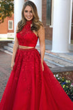 halter two piece tulle red long prom dress with beaded appliques