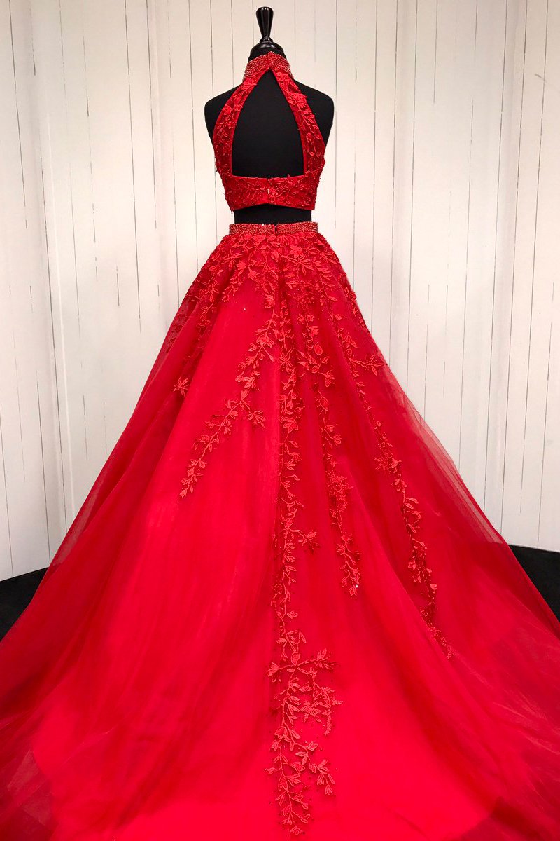 halter two piece tulle red long prom dress with beaded appliques