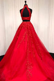 halter two piece tulle red long prom dress with beaded appliques