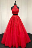 halter two piece tulle red long prom dress with beaded appliques
